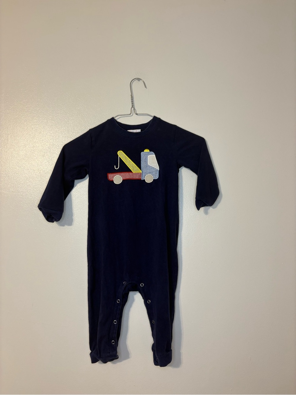 Navy Baby One-Piece Bodysuit with Tow Truck Applique